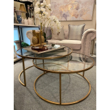 S/2 90CM + 70CM Round Coffee Table - Gold with Clear Tempered Glass Table Top